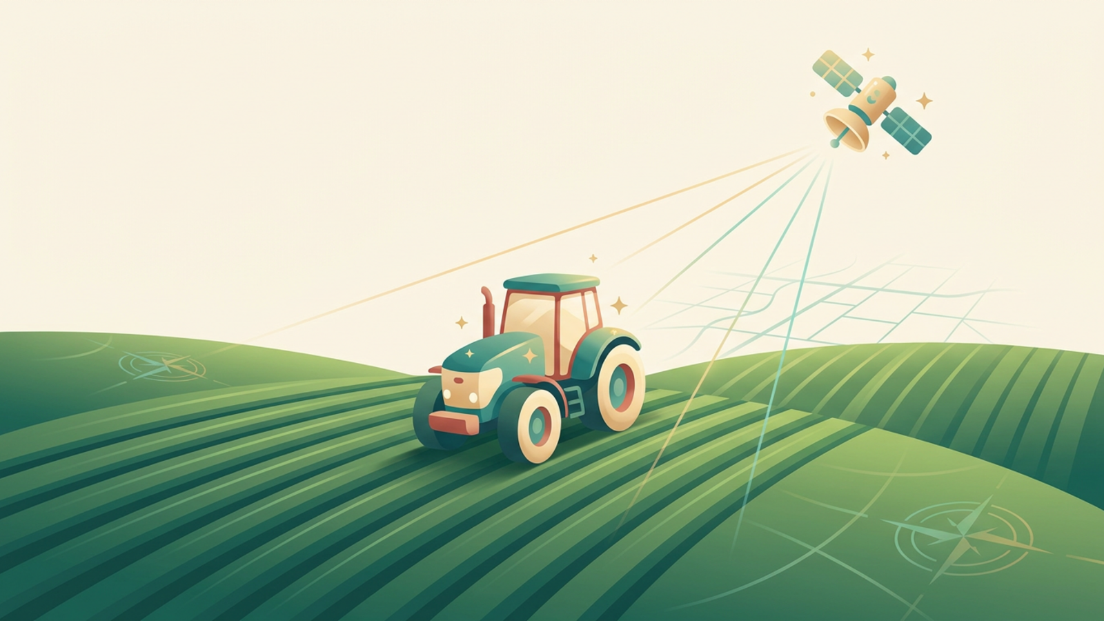 Tractor using GPS guidance across a green farm field