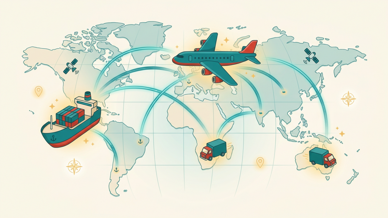 Delivery trucks tracked across a supply chain map by GPS