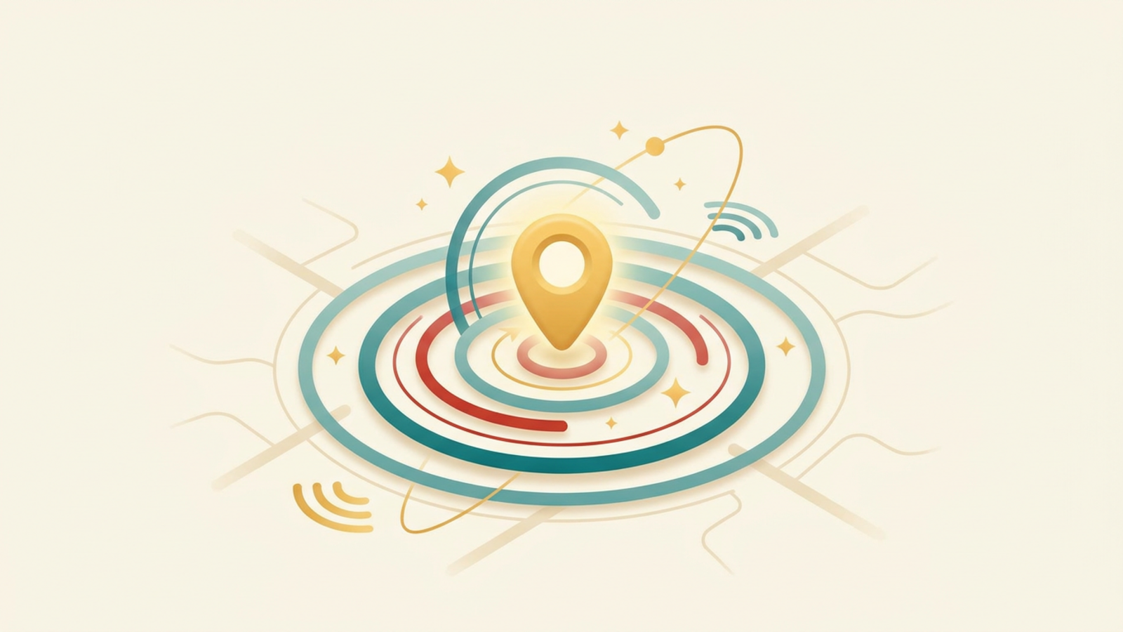 A location pin with an accuracy radius circle over a city map