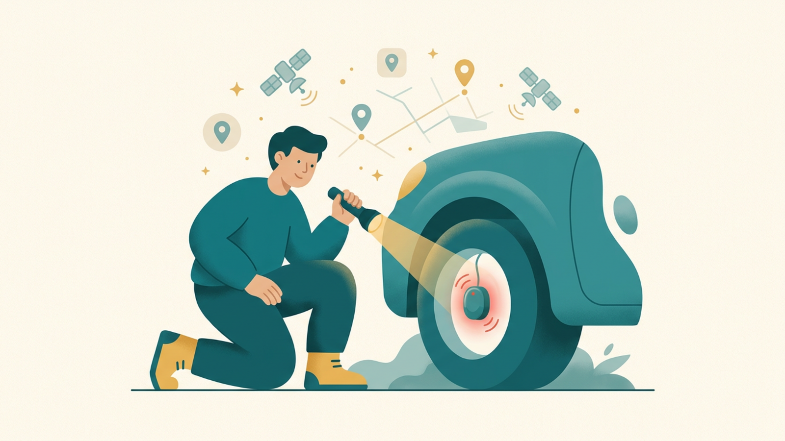 Person checking the wheel well of a car for a hidden GPS tracker
