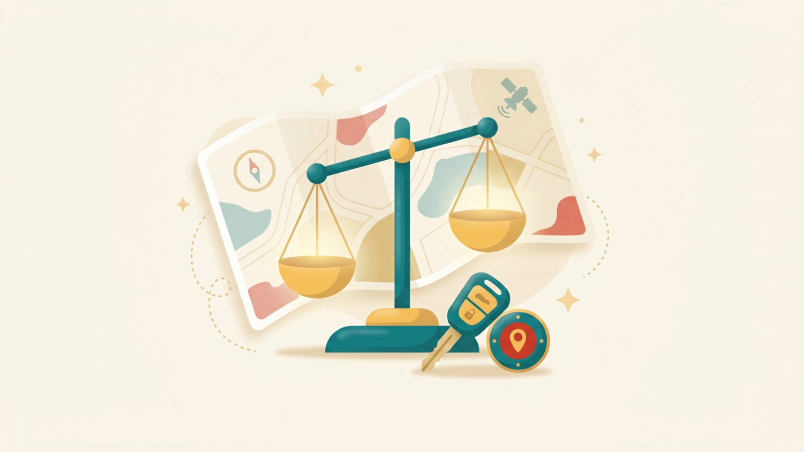 A gavel beside a car key and a GPS tracker representing GPS tracking law