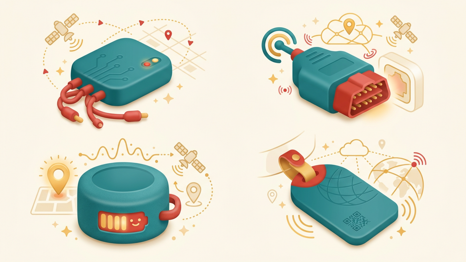Four types of GPS trackers hardwired plug-in battery and asset
